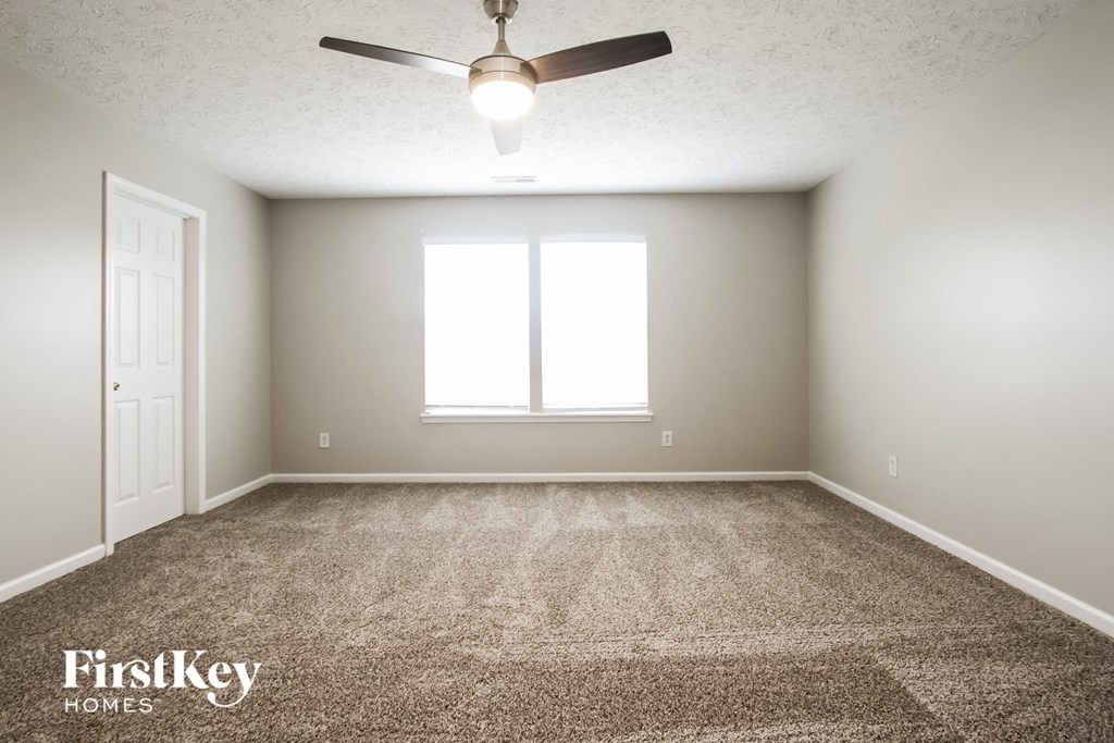 A room with a carpet floor, a ceiling fan, and a window.