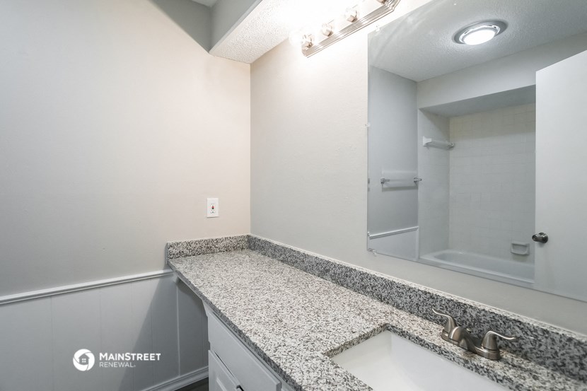 a bathroom with a sink and a mirror and a shower