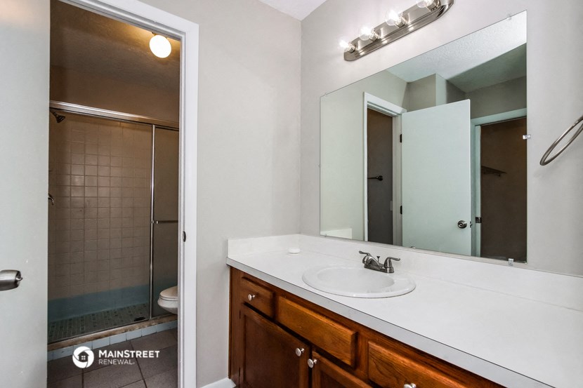 a bathroom with a sink and a mirror and a shower