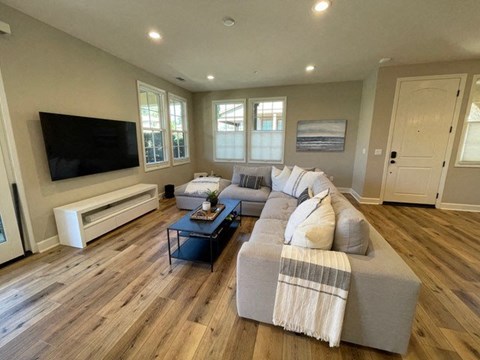 A living room with a grey couch and a flat screen TV.