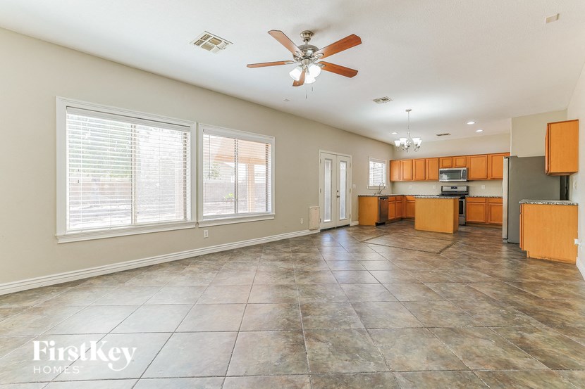 the kitchen and dining room are open to the living room