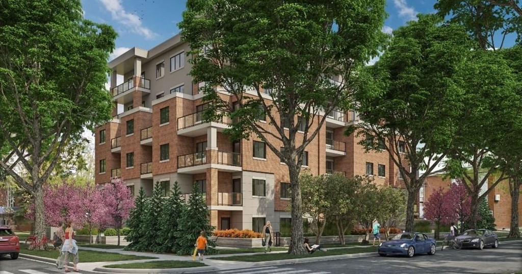 a rendering of an apartment building on a city street