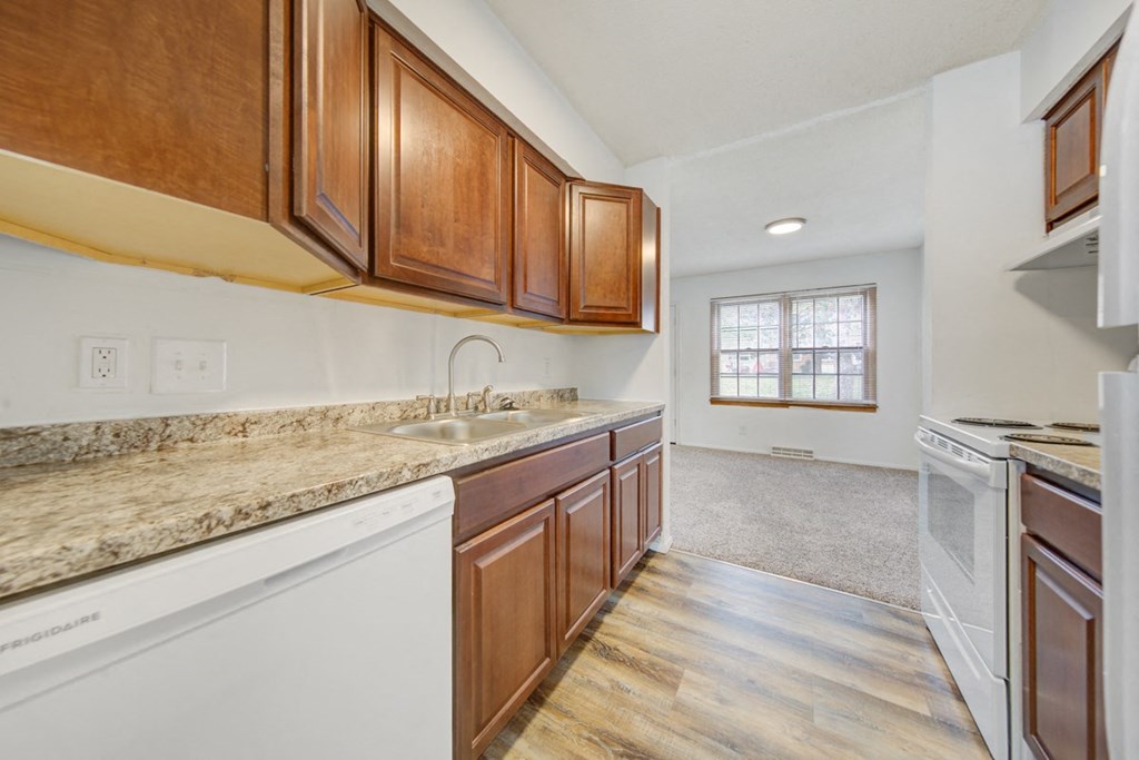 a kitchen with wooden cabinets and a sink and a dishwasher