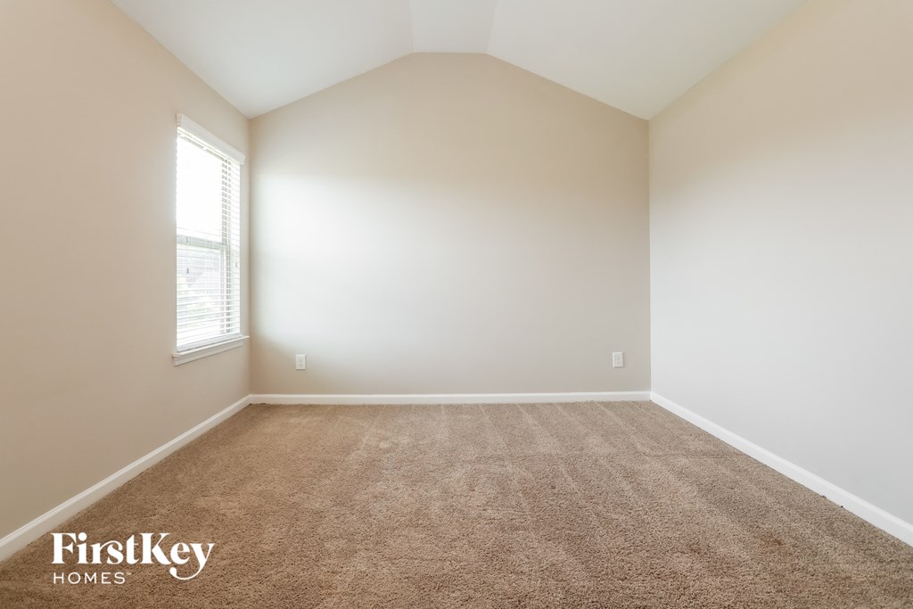 A room with a carpeted floor and a window letting in light.