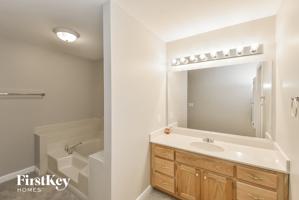 A bathroom with a sink, mirror, and lighting fixture.