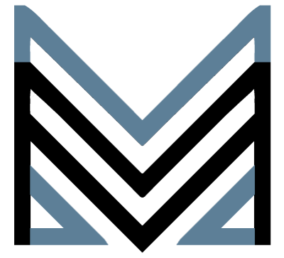 A graphic with a dark background features a large letter 'M' with two smaller arrows pointing to the left.