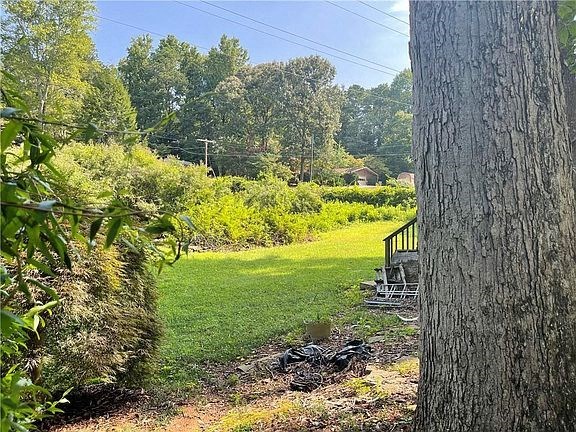 A tree trunk is in the foreground of a lush green garden.
