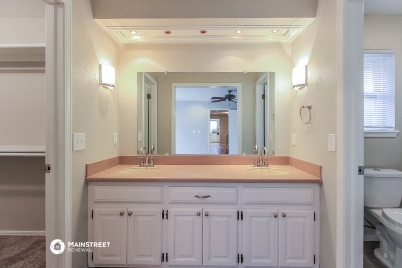 a bathroom with a sink and a large mirror