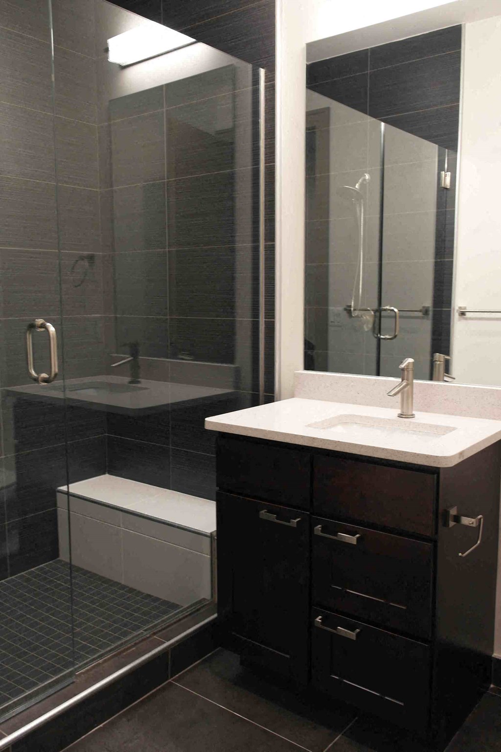 a bathroom with a shower and a sink and a mirror