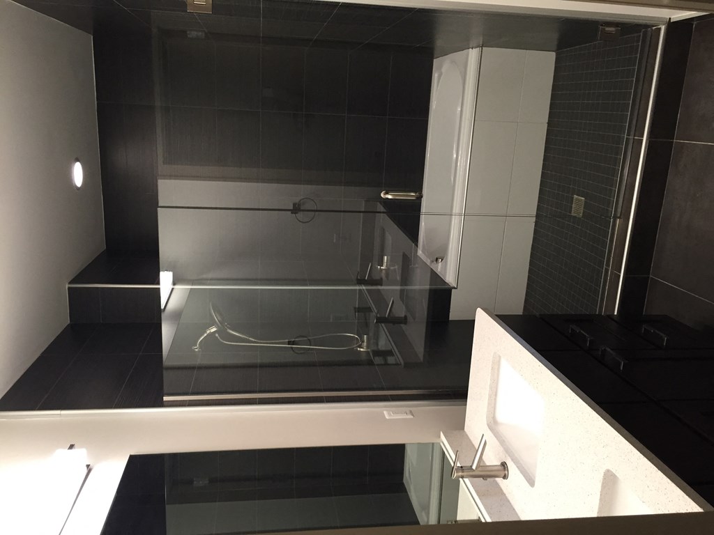 a glass shower in a black and white bathroom