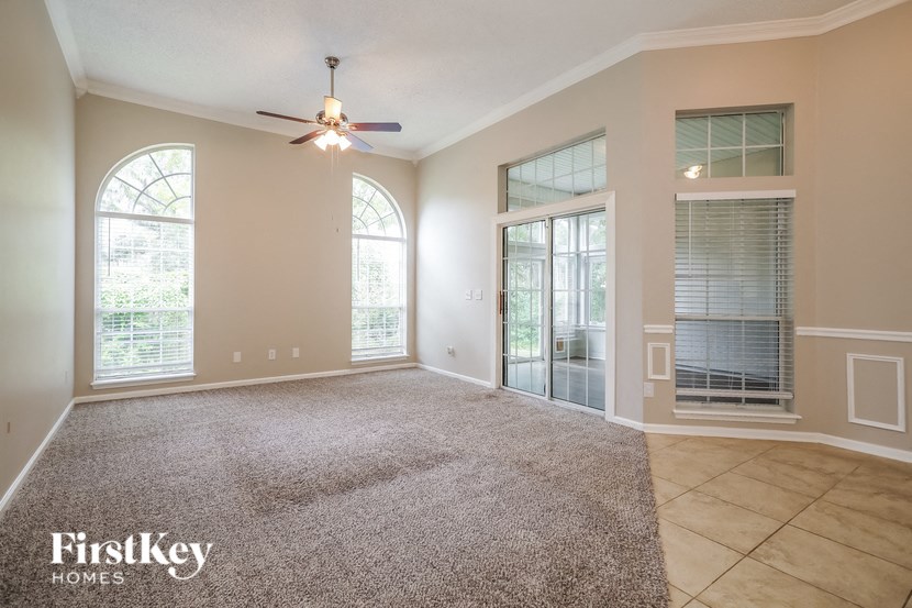 A spacious room with a carpeted floor, a ceiling fan, and large windows.