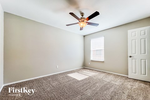 the living room has a ceiling fan and a carpet