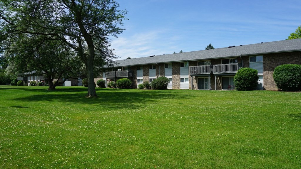 our apartments are located in a large grassy area with trees