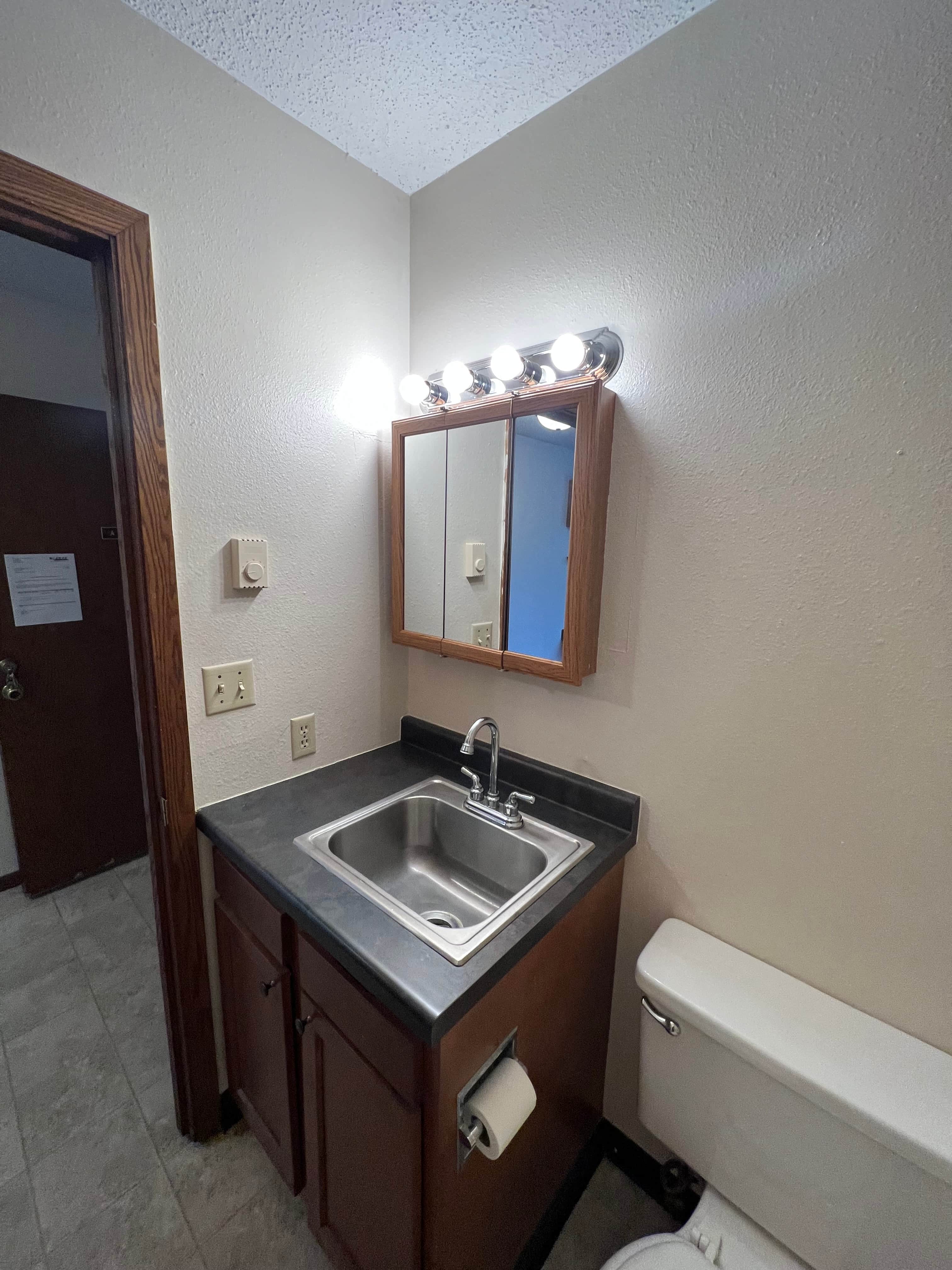 A bathroom with a sink, mirror, and toilet.
