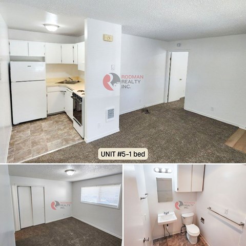 A bedroom with a toilet and sink is labeled Unit #5-1 bed.