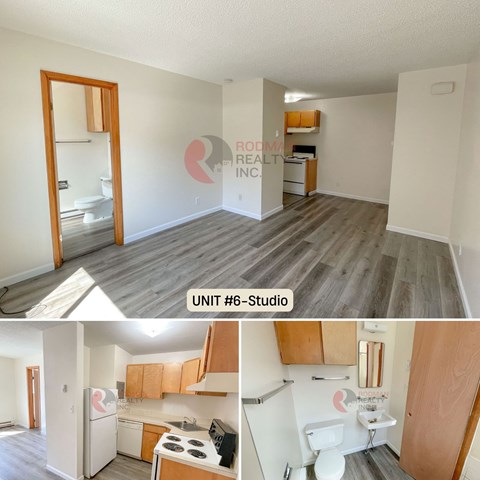 A studio apartment with a kitchen and a bathroom.
