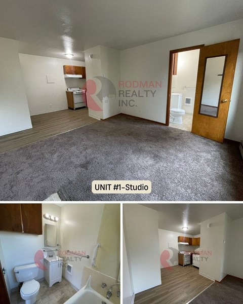A studio apartment with a bedroom, bathroom, and kitchenette is for sale.