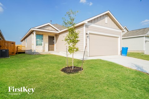 a home with a small tree in the front yard