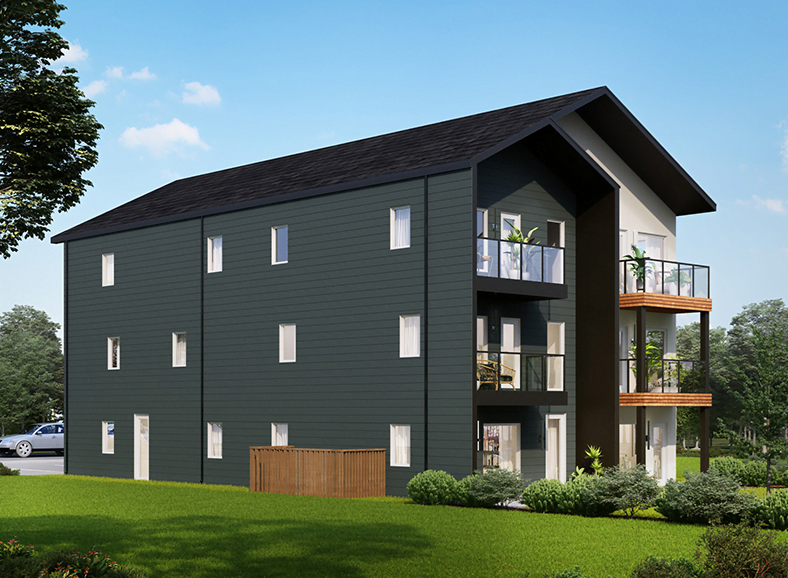 a story house with a black facade and a balcony