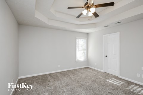 the living room has a ceiling fan and a carpet