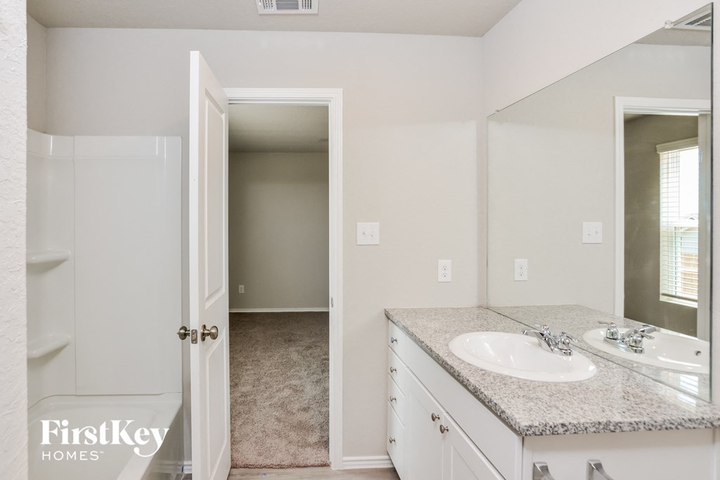 a bathroom with a sink and a mirror and a closet