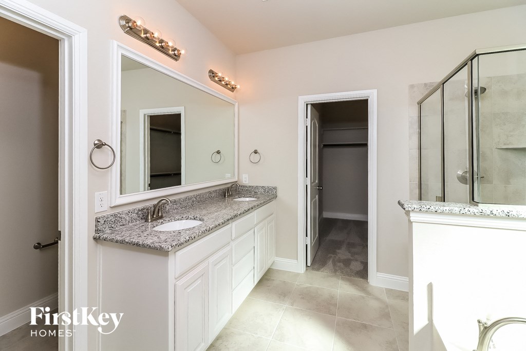 a bathroom with a sink and a mirror and a shower