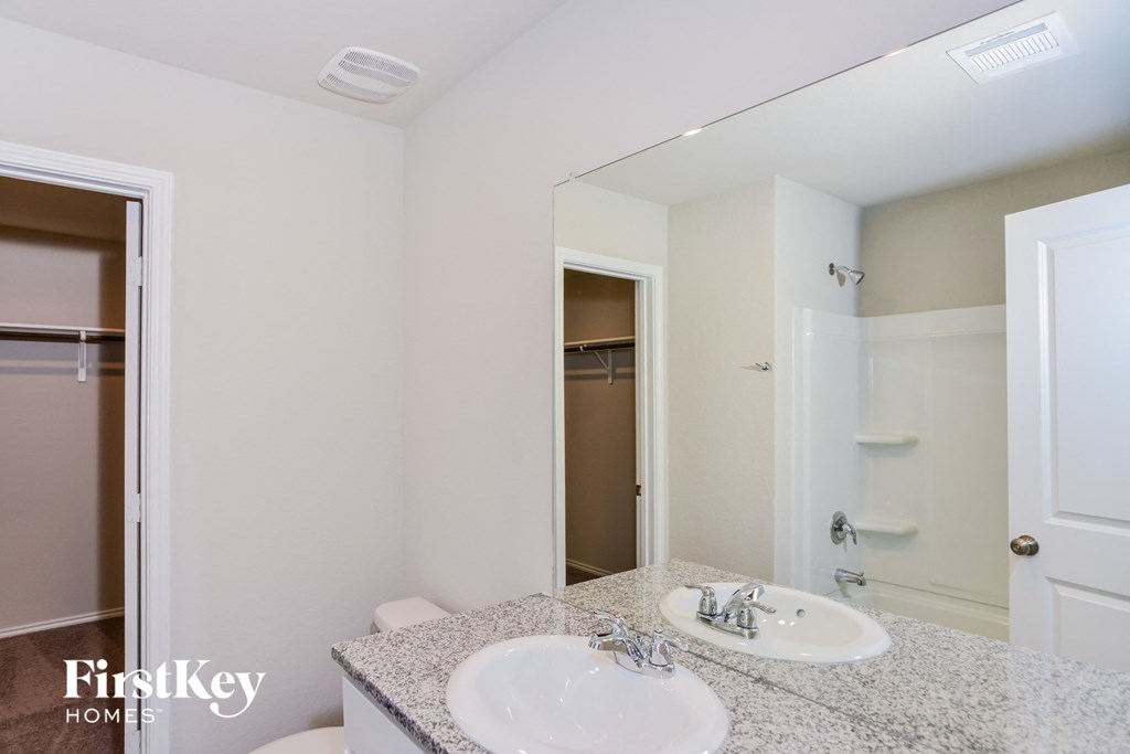 a bathroom with a sink and a mirror and a shower