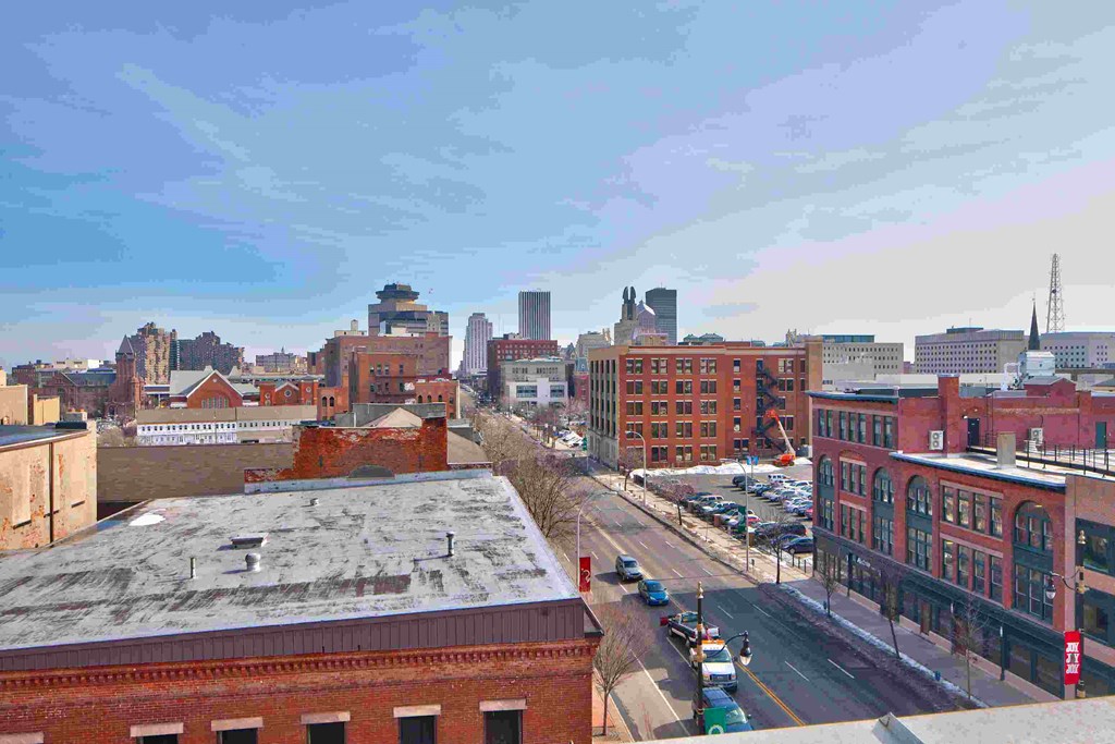 a view of the city from the roof of a building