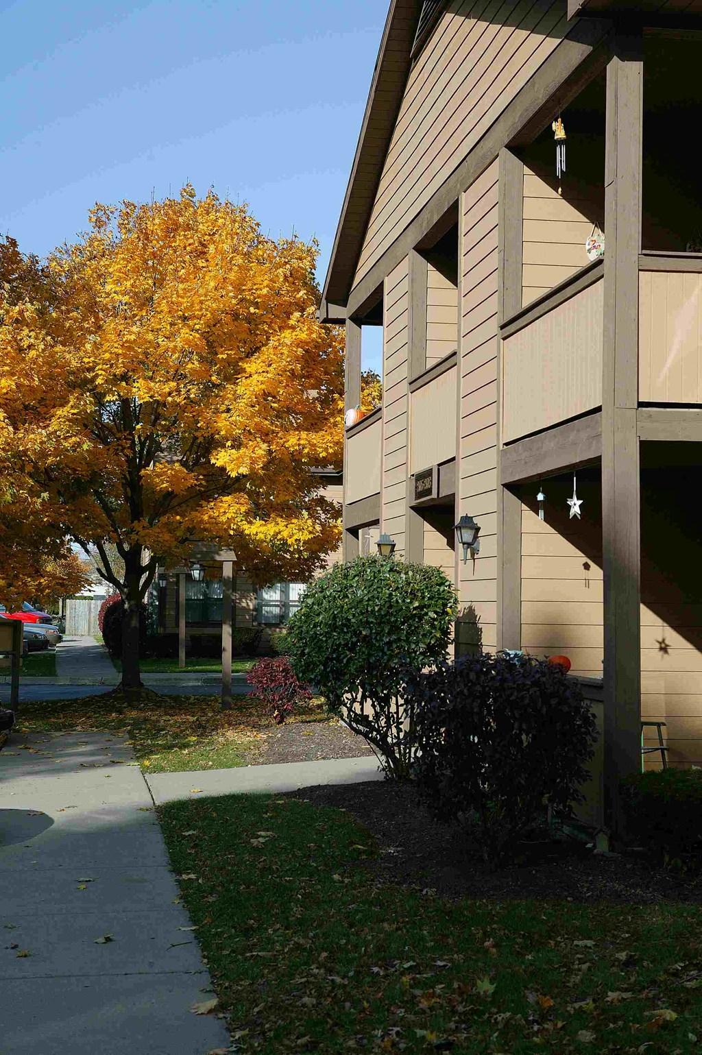 an apartment building with a sidewalk and trees in front of it