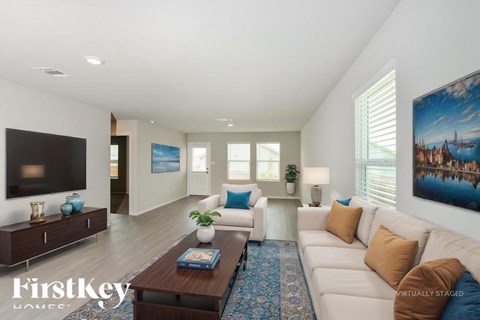 A living room with a white couch and a blue rug.
