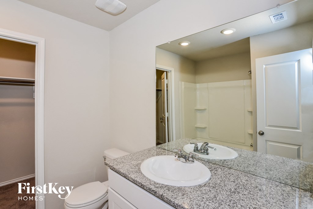 a bathroom with a sink and a mirror and a toilet