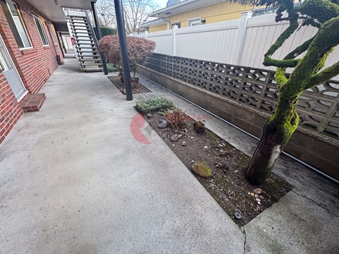 A concrete patio with a tree and a white fence in the background.