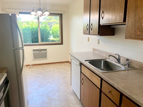 A kitchen with a sink and a window.