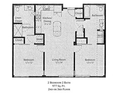 2 Bedroom 2 Bathroom with Patio 2D Floorplan, 6 North Apartments, St. Louis, MO