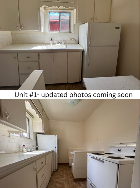 A kitchen with white appliances and cabinets.