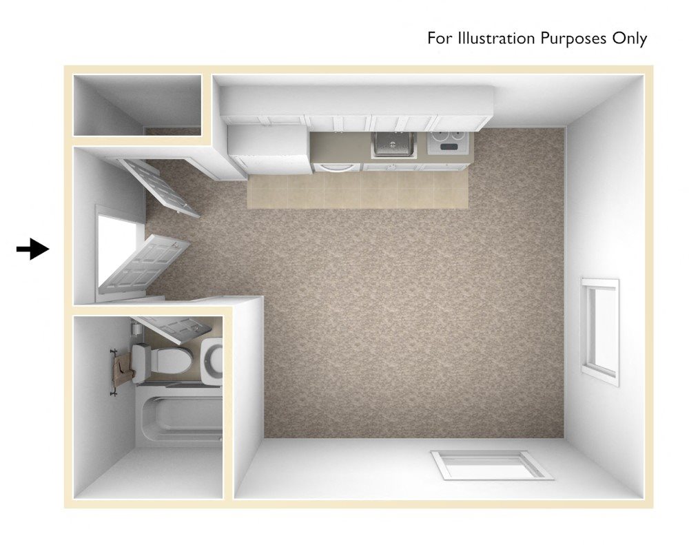 Studio 3D Unfurnished Floorplan Studio 3D Unfurnished Floorplan-Chancellor Apartments Los Angeles, CA
