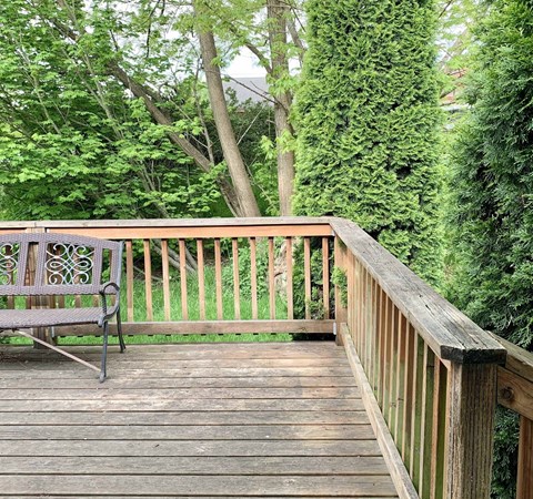 A wooden deck with a bench and trees in the background.