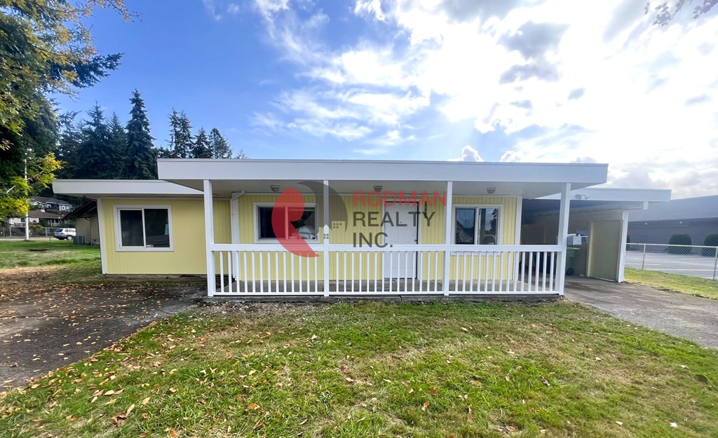A building with a sign that reads "REAL ESTATE INC." is shown.