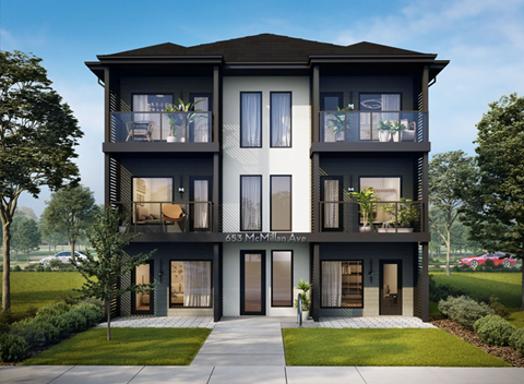 a rendering of a three story apartment building with a sidewalk and grass