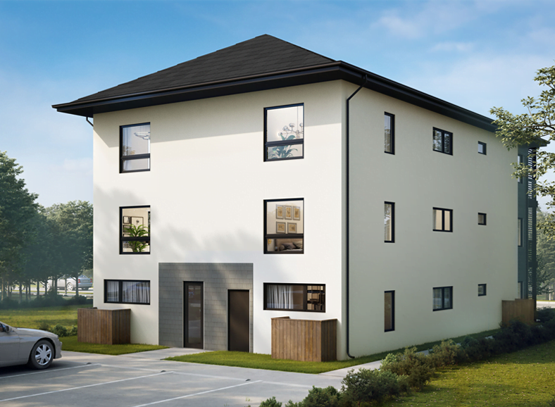 a rendering of a white house with a black roof and a parking lot