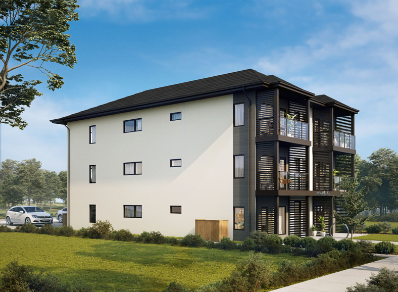 a rendering of a three story apartment building with balconies and a sidewalk