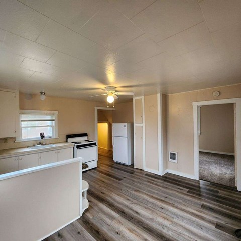 a kitchen with a stove and a sink and a refrigerator