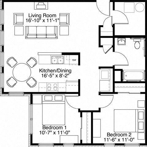 2 Bedroom 1 Bath 2D Floorplan 2 Bedroom 1 Bath 2D Floorplan-Horace Mann Apartments, Gary, IN