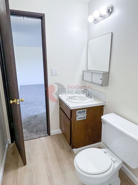 A bathroom with a toilet, sink, and mirror.