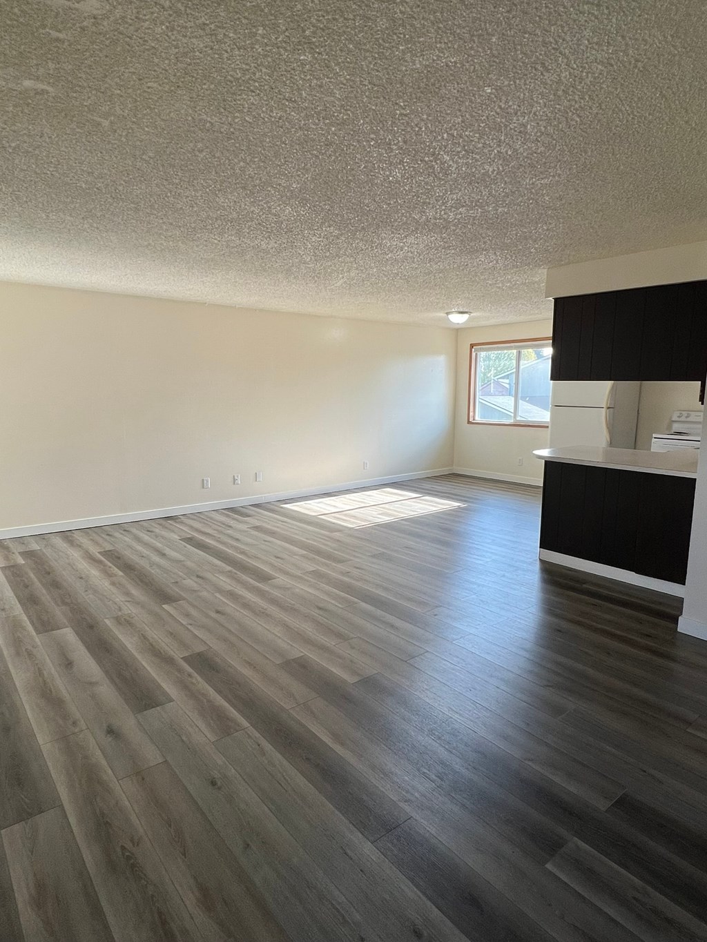 A room with wooden flooring and a window letting in sunlight.