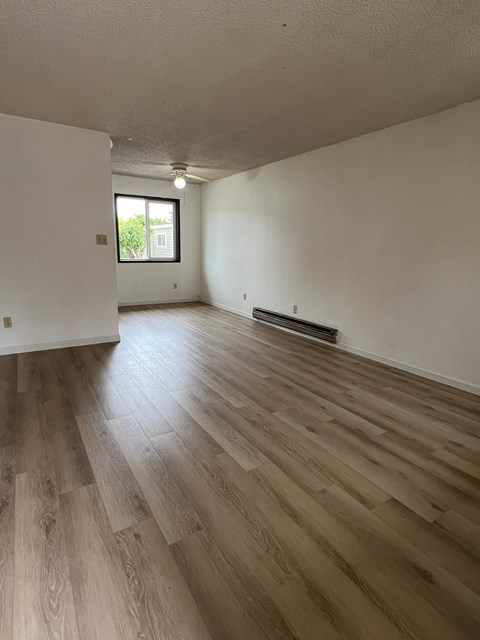 A room with wooden flooring and a window.