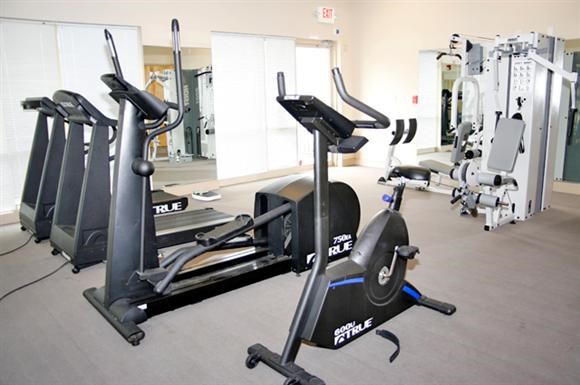 a group of exercise equipment in a gym