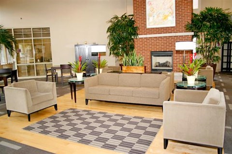 a living room with couches and chairs and a fireplace