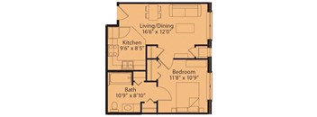 1 Bedroom 1 Bath 2D Floorplan Type 1-Senior Living at University Place Apartments, Memphis, TN 38104
