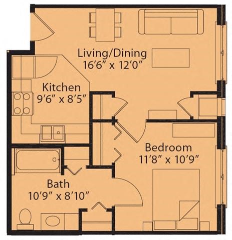 1 Bedroom 1 Bath 2D Floorplan Type 1-Senior Living at University Place Apartments, Memphis, TN 38104